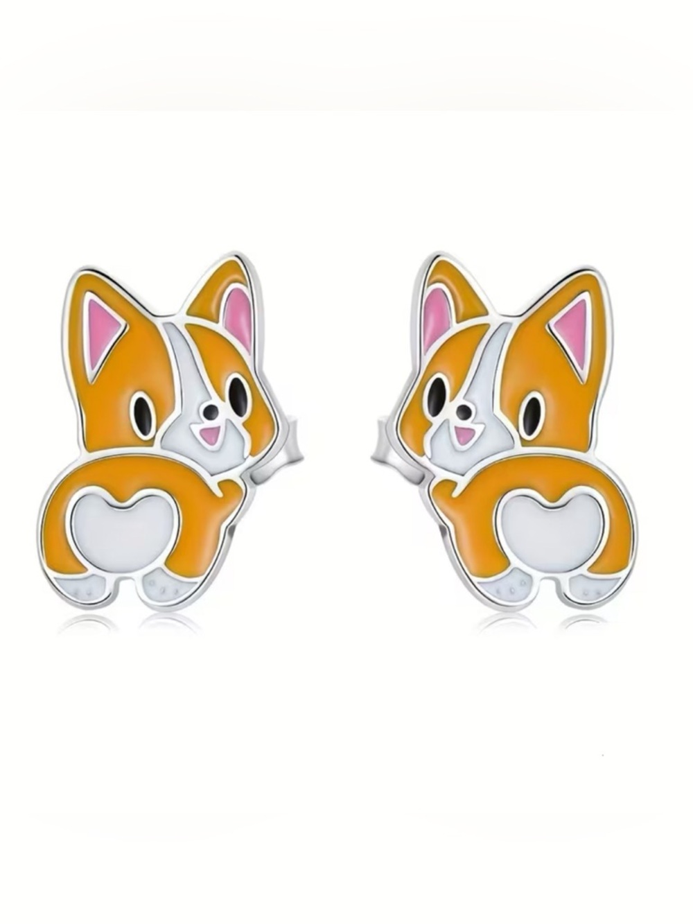 Cute Corgi Heart Back Enamel Stud Earrings - Orange & White - Picture 2 of 4